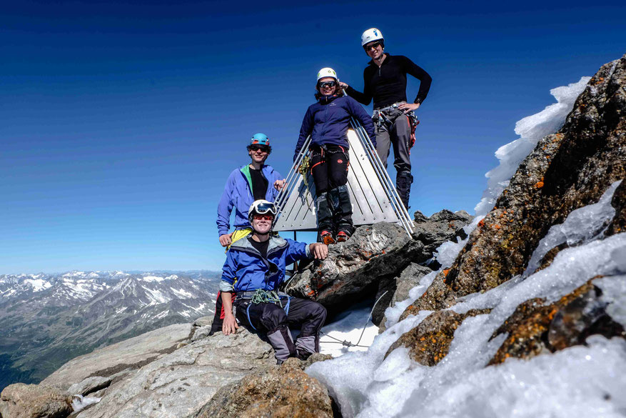 On Top of the 'Dreiherrenspitz'. The first top of our one week trip along the highest points of Austria (Markus, I (sitting), Lydia, Christian; from left to right)