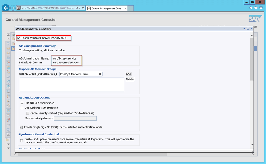 Central Management Console Authentication Windows Active Directory