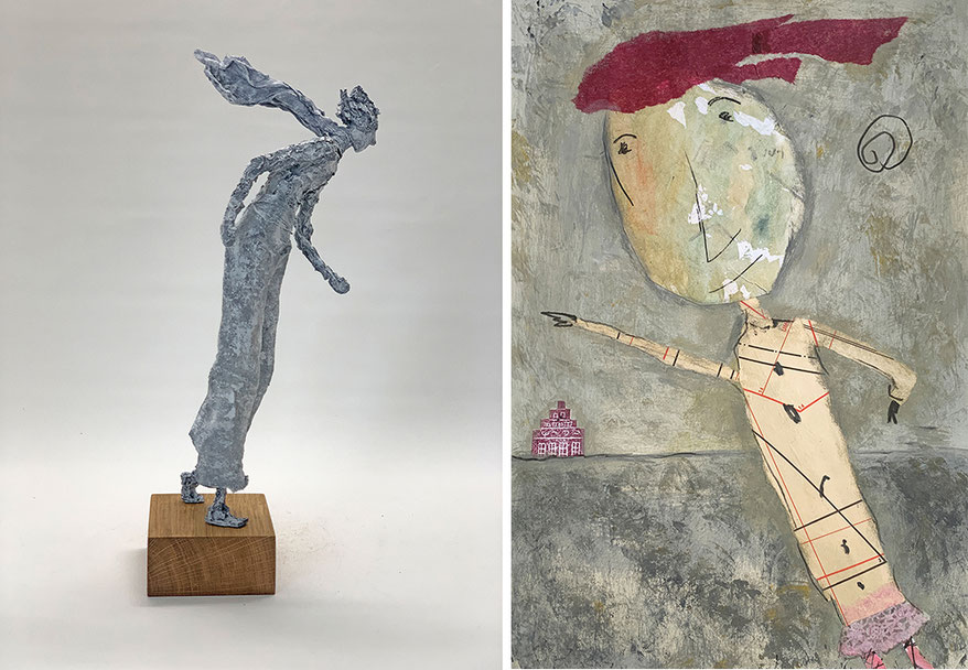 Skulptur: Gehender im Wind  -  Mixed Media auf Papier: Flying Woman