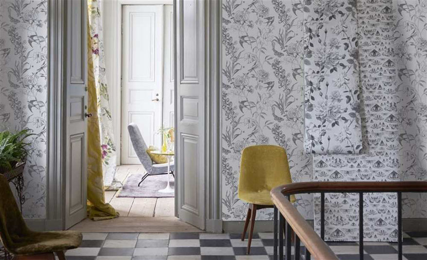 Un intérieur chic par Designers Guild, Collection papiers peints assortis aux décors textiles, rideaux et revêtements de sièges par Ecoute Bergère