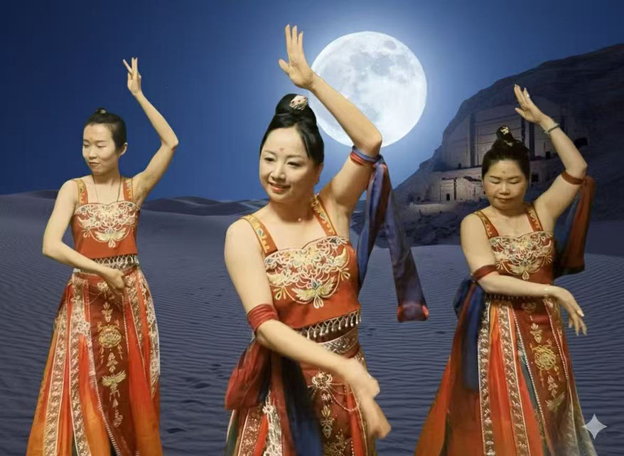 • Anschließend präsentierten die Tänzerinnen Jingjing He, Xiaoyin und Yujie den Dunhuang-Tanz „Die Schöne aus Chang’an – Zwölf Stunden im alten Tang“, der die Pracht und Eleganz der Tang-Dynastie eindrucksvoll zum Leben erweckte.