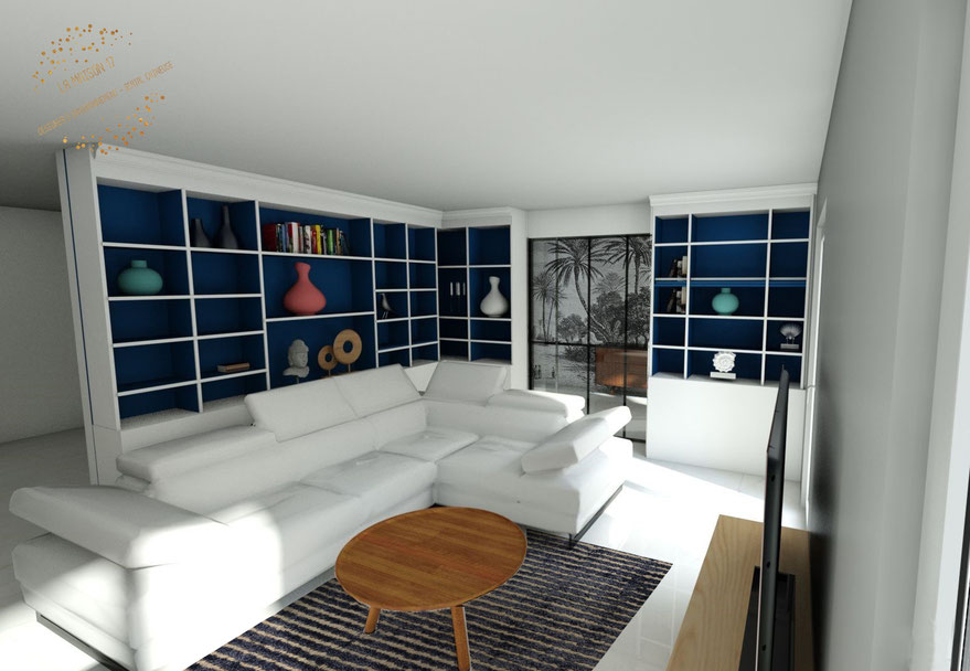 la maison 17 architecture interieure décoration agencement salon bibliotheque bleu blanc mobilier chêne quimper papier peint au fil des couleurs  verriere vue 3D