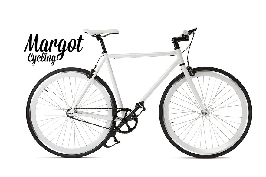 In foto, bici fixed modello SWAN. Bianco dominante con reggisella manubrio, guarnitura e copertoni neri.