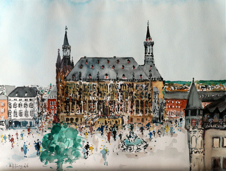 Aachen- Rathaus und Markt, (Aquarell), 40 x 30 cm