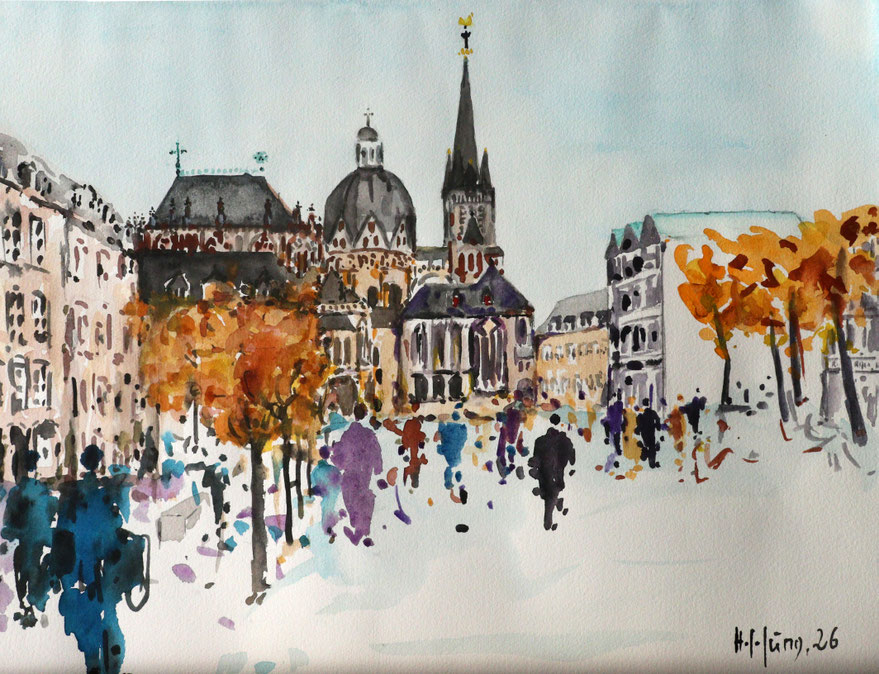 Aachen-Dom vom Katschhof, (Aquarell), 40 x 30 cm