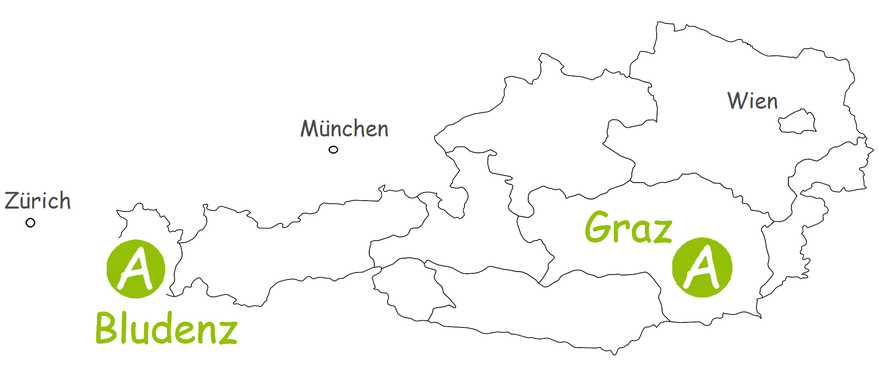 Landkarte von Österreich mit Umgebung. Markierungen für Zürich, München und Wien. Eingezeichnete Event Aktiv Standorte: Bludenz und Graz