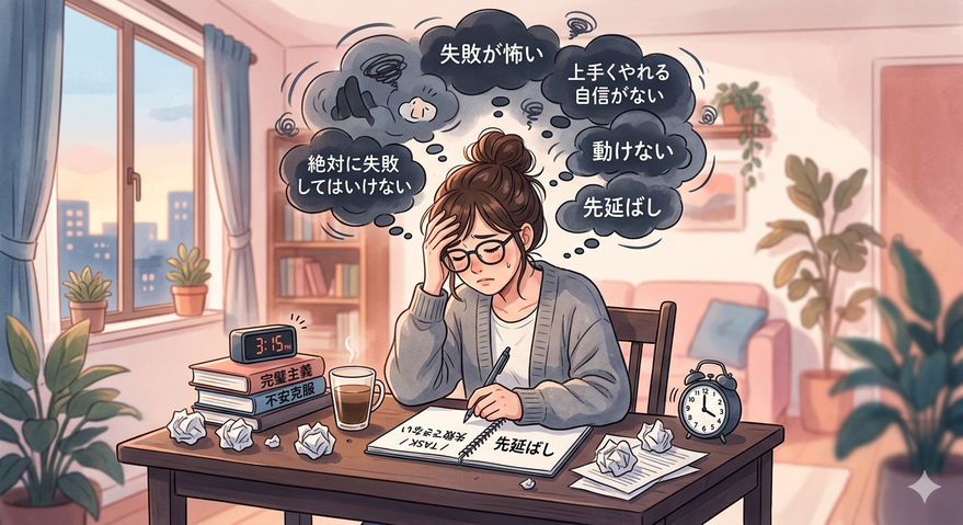 机の前で失敗への不安に悩み、動けなくなっている女性のイラスト