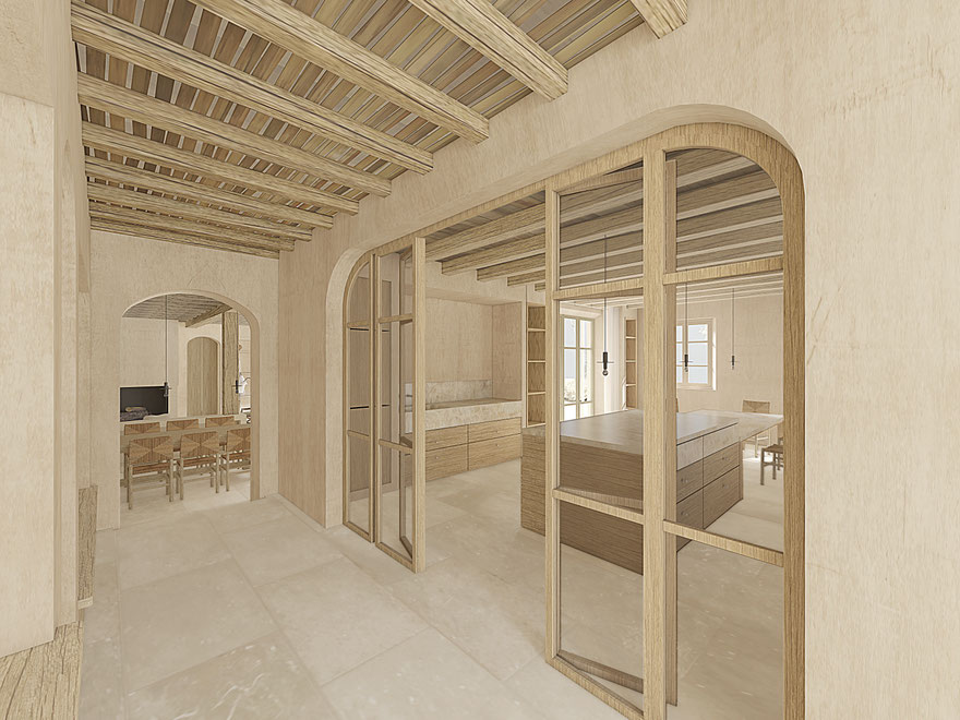 Construction d'une maison dans le var près de Saint-Tropez. Entrée avec une porte vitrée sur mesure pour accéder à la cuisine.