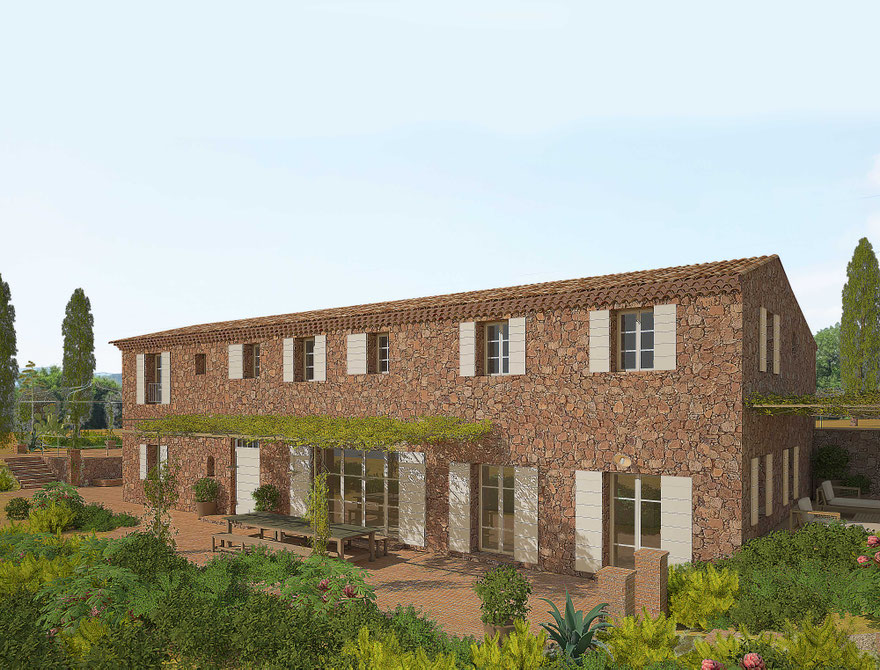 Construction d'une maison dans le var près de Saint-Tropez. Vue de l'extérieur. Parement pierres