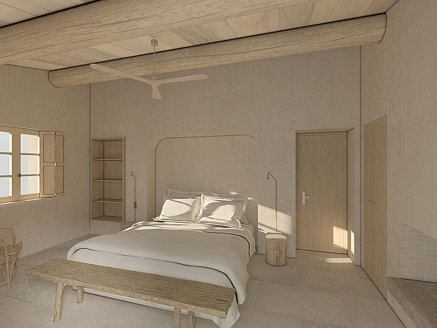 Construction d'une maison dans le var près de Saint-Tropez. Chambre master avec une cheminée et des volets intérieurs