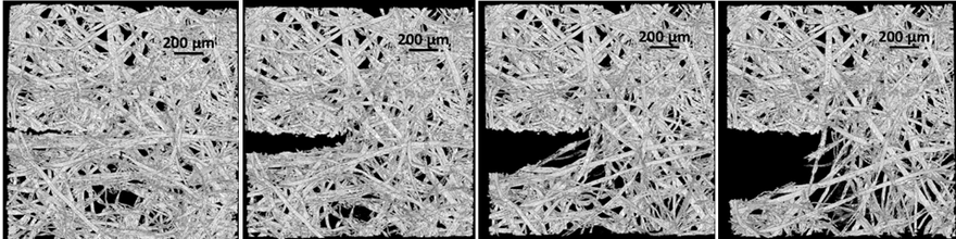 X-ray microtomography imaging of the initiation and growth of a crack in a fiber material (Credit: P. Isaksson)