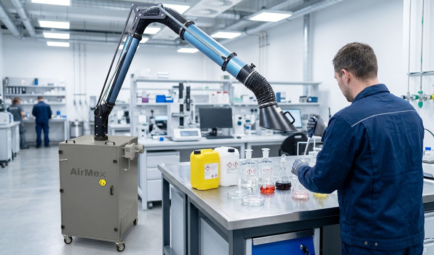 AirMex CARBO-60 ATEX Aktivkohle-Absauganlage – mobile Hauptansicht mit ATEX-Absaugarm 3m und Absaughaube