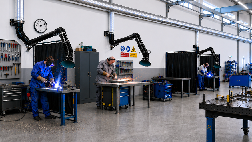AirMex Absaugarme und Gelenkarme – Punktabsaugung für Staub, Gase und Schweißrauch in Industrie und Handwerk
