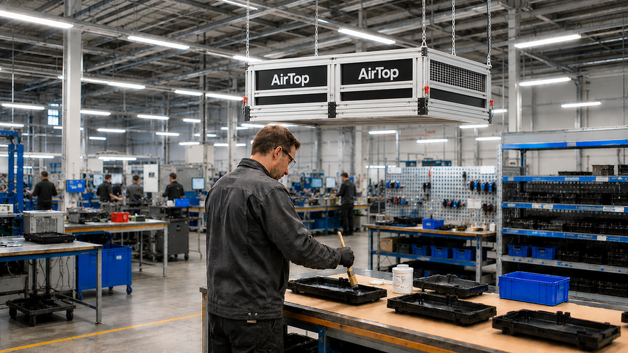 Deckenluftreiniger über Arbeitsplatz – hängende Absaugung für Staub, Rauch und Dämpfe in Handwerk und Industrie