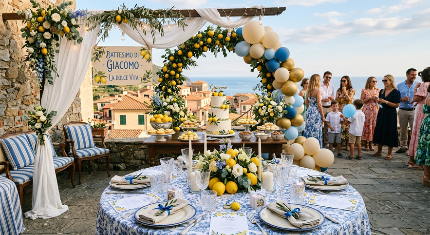 table de baptême sur le thème dolce vita avec citron, déco bleu et jaune 