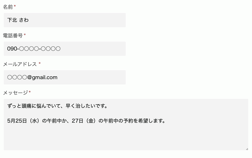 メール予約 記入例
