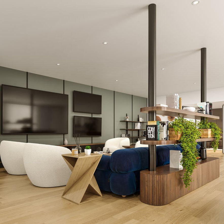 modern living room interior architectural visualization with natural light - Dionis Studio