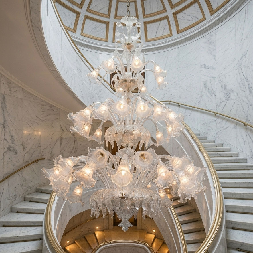 Lampadario Monumentale Ca Rezzonico in vetro di Murano lavorato a mano con dettagli oro e struttura a più livelli