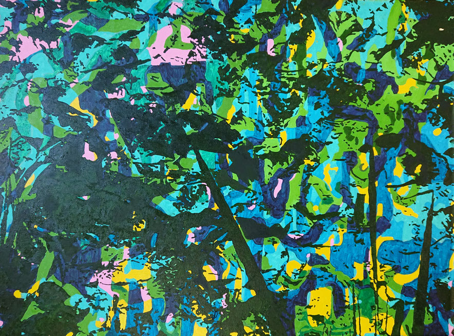 This was an interim piece, playing with color an depth. The original background was done years ago in acrylic paint. I worked out the rest in oil paint. I did this for an exhibition in Galerie Atelier Rotklee in Putbus, Germany.