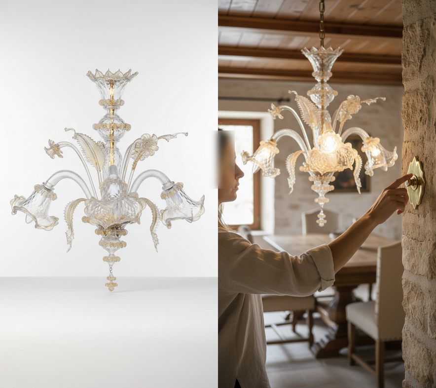 Lampadario Murano Veneziano Originale 3 luci in vetro di Murano lavorato a mano per camera da letto elegante