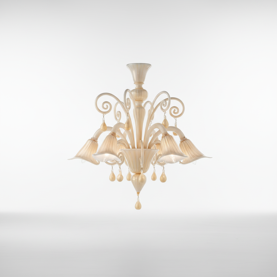 Lampadario Murano modello Bach White vetro bianco con oro
