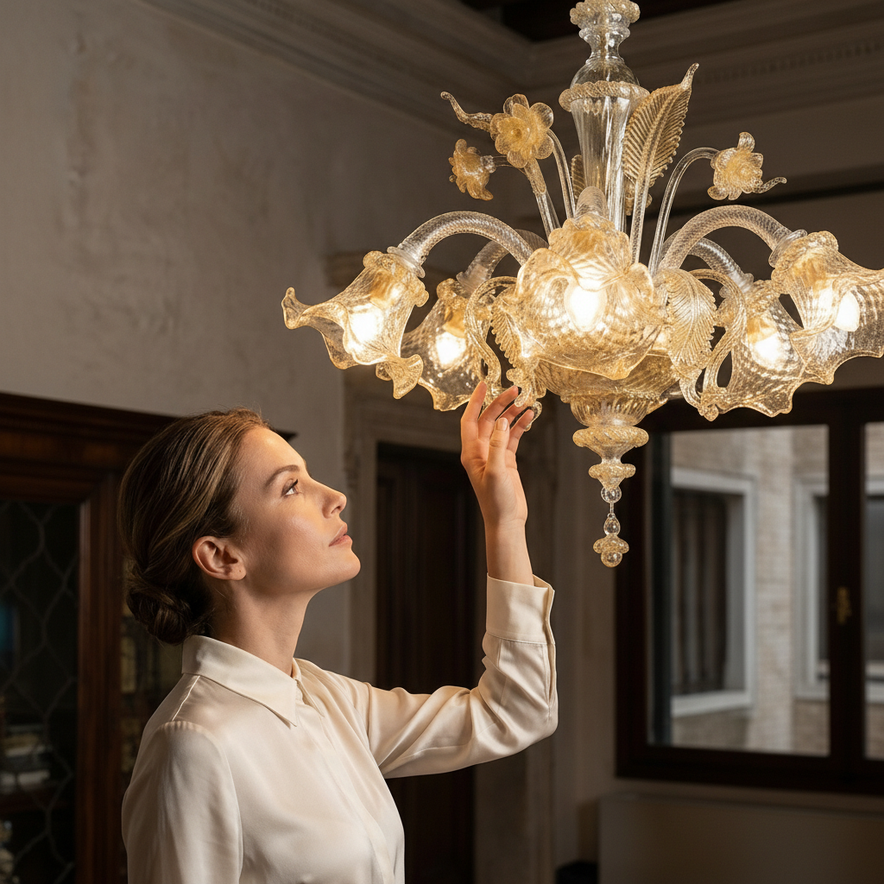 Lampadario Veneziano Originale 5 luci in vetro di Murano lavorato a mano con oro 24K per soggiorno elegante