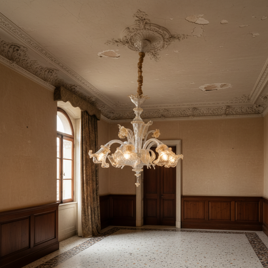 Lampadario Murano Veneziano Originale 6 luci in vetro di Murano lavorato a mano per salone di rappresentanza