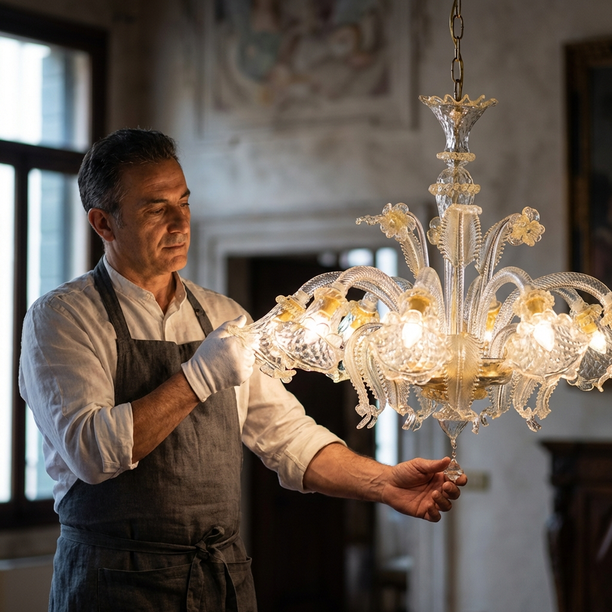 Lampadario Veneziano Originale in vetro di Murano lavorato a mano con otto luci e dettagli oro per sala da pranzo classica