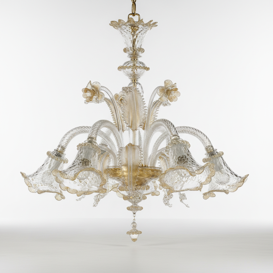 lampadario-murano-Lampadario Veneziano Originale 6 luci in vetro di Murano lavorato a mano con oro 24K per soggiorno elegante-originale-6-luci