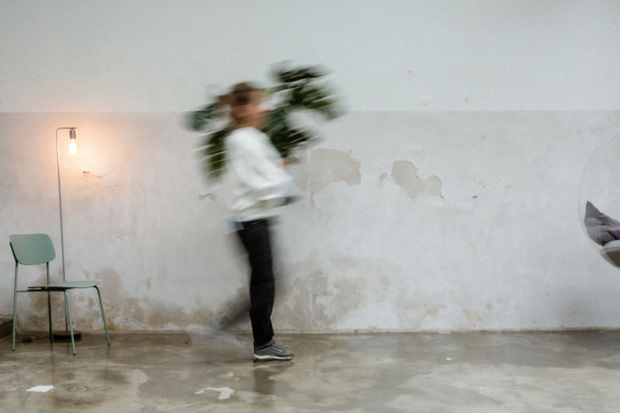 Nora Böhm trägt bei einer Raumberatung eine Pflanze durch den Raum vor einer Industrie Look Wand