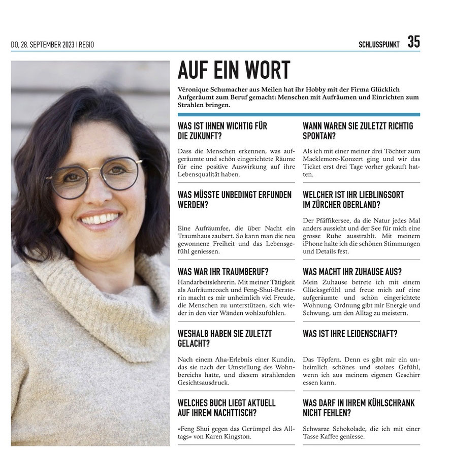 Véronique Schumacher hat ihr Hobby mit der Firma Glücklich Aufgeräumt zum Beruf gemacht. Menschen mit Aufräumen und Einrichten zum Strahlen bringen.