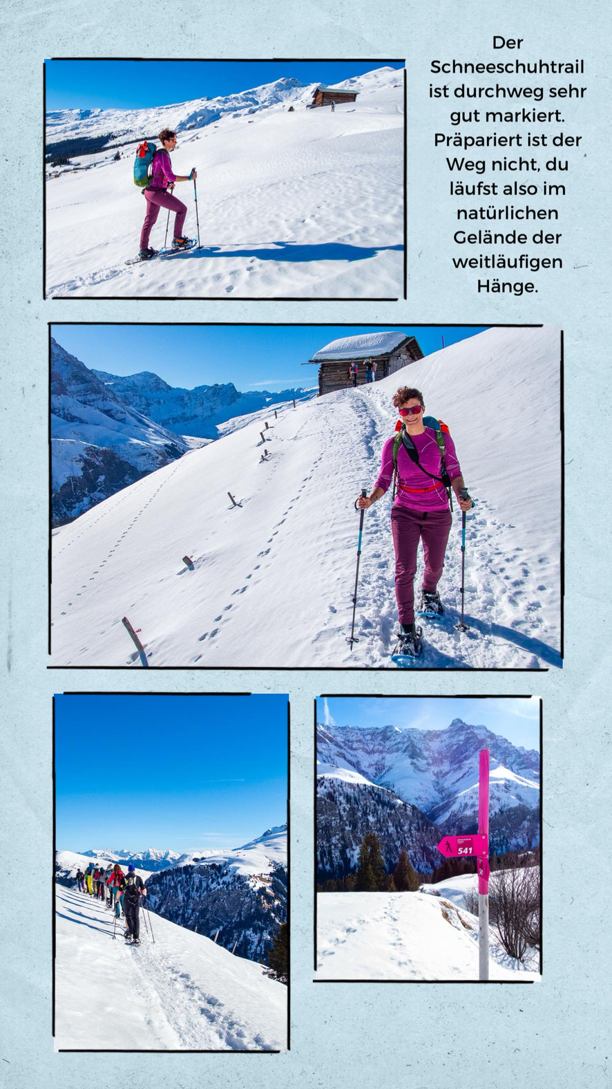 Schneeschuhwanderung im Safien Tal, Graubünden, Naturpark Beverin. Der Camana Schneeschuhtrail ist für Anfänger gut geeignet und nicht überlaufen.