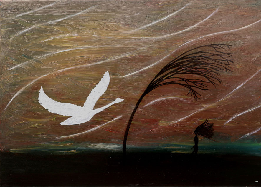 Peinture Face à la tempête par Lorina. Une femme debout dans la tempête, du vent et un cygne. Elle symbolise le courage d'affronter les émotions intenses, la peur et les résistances pour guérir de la blessure maternelle. #unartpourêtreaumonde
