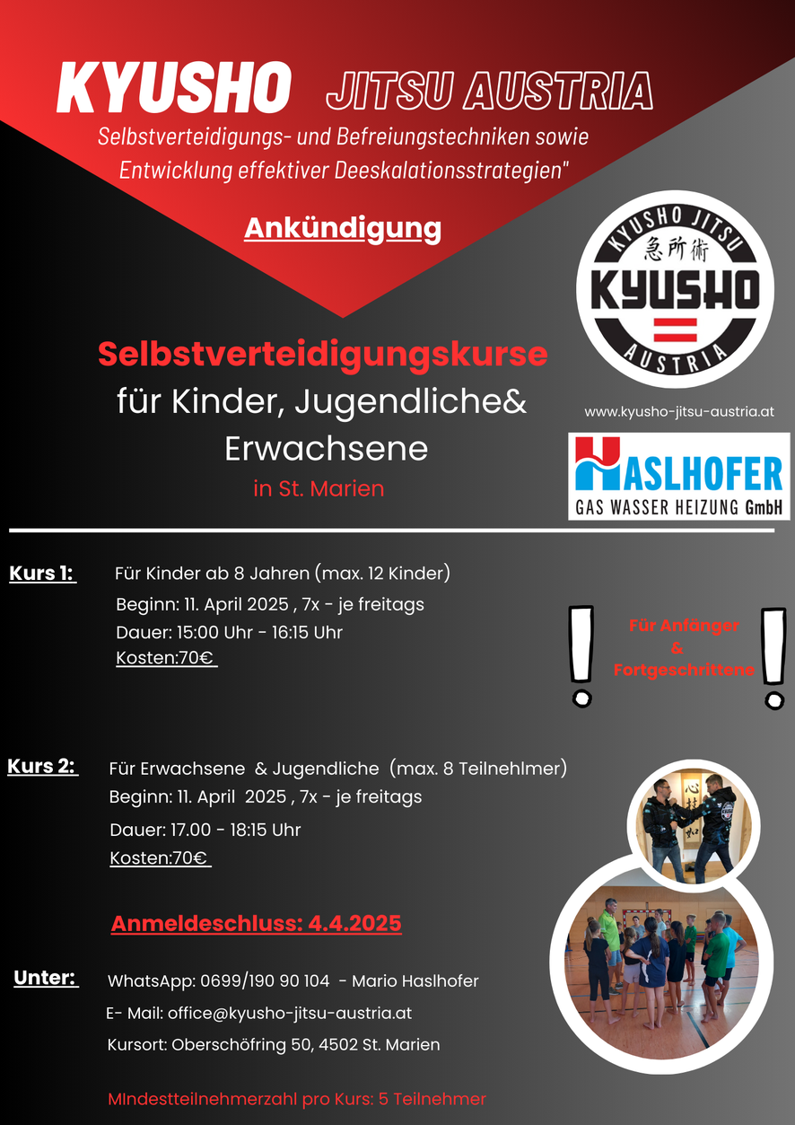 Der 3. Durchgang der Selbstverteidigungskurse startet schon bald! Sicher dir deinen Platz, ab 11.4.2025 geht es los! Das ist dein Ticket für mehr Selbstbewusstsein und Selbstsicherheit!