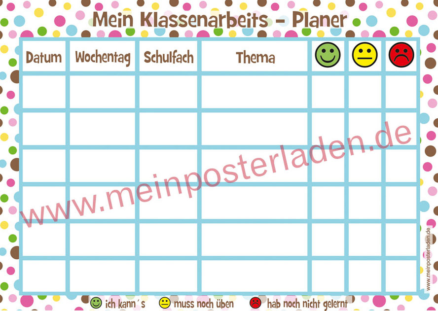 Klassenarbeitsplaner - behalte den Überblick bei Klassenarbeiten oder Test´s - mit Smiley-Ampelsystem - Lernerfolgserlebnis für das Kind - wiederbeschreibbar