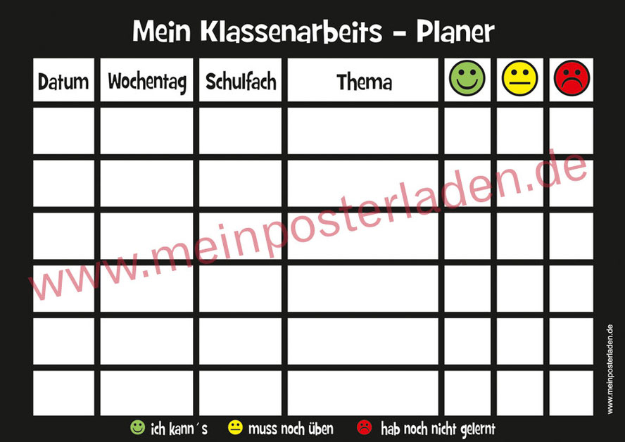 Klassenarbeitsplaner - behalte den Überblick bei Klassenarbeiten oder Test´s - mit Smiley-Ampelsystem - Lernerfolgserlebnis für das Kind - wiederbeschreibbar