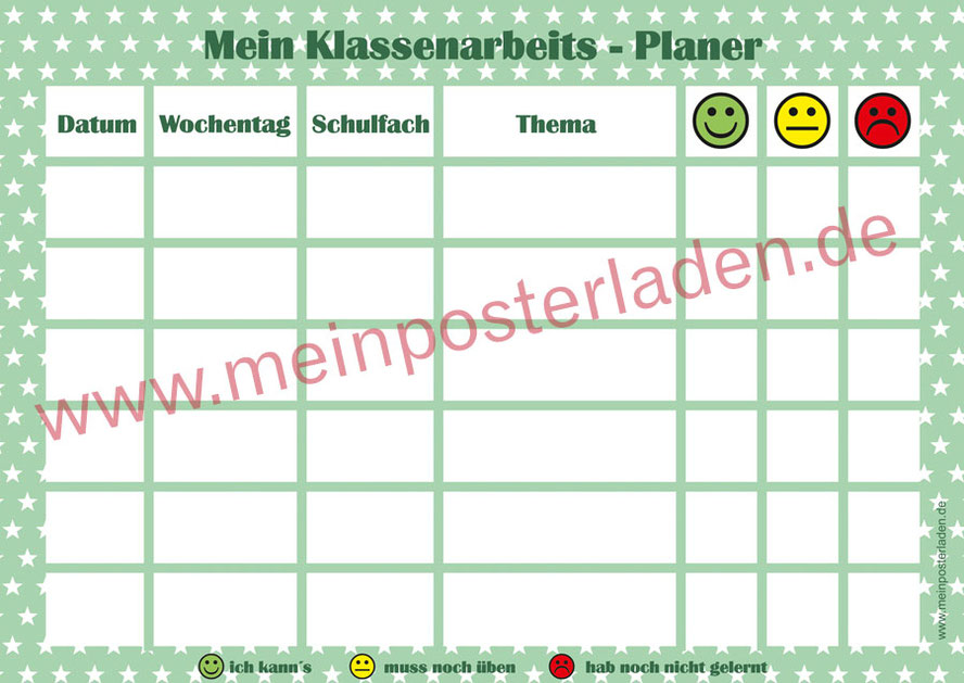 Klassenarbeitsplaner - behalte den Überblick bei Klassenarbeiten oder Test´s - mit Smiley-Ampelsystem - Lernerfolgserlebnis für das Kind - wiederbeschreibbar