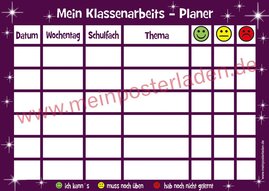 Klassenarbeitsplaner - behalte den Überblick bei Klassenarbeiten oder Test´s - mit Smiley-Ampelsystem - Lernerfolgserlebnis für das Kind - wiederbeschreibbar