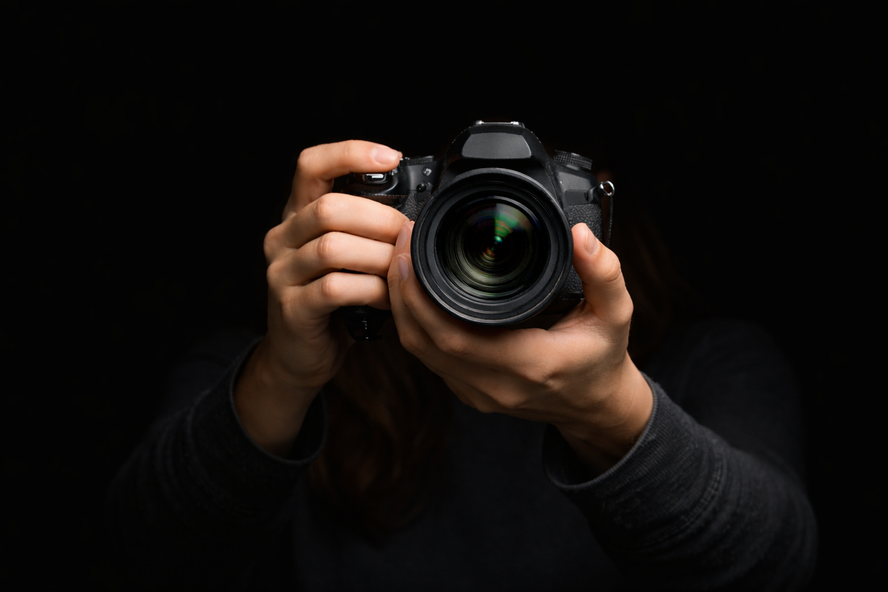 Camera die iemand fotografeert, POV van de gefotografeerde die iedere leeftijd kan hebben
