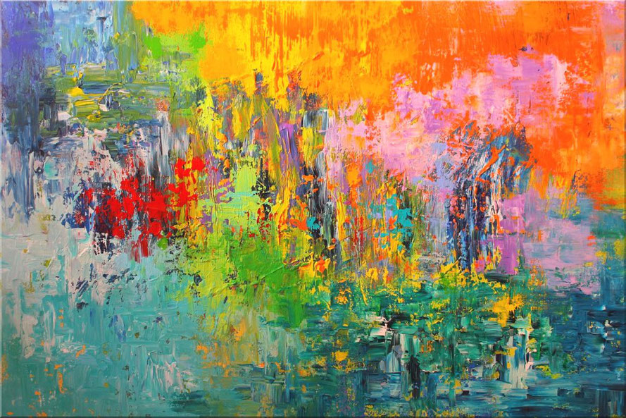 Acrylbild, 100 x 80 cm, Farbverläufe in Rot, Gelb, Purple, Türkis, Blau, Orange und anderen Akzenten. Acrylbilder kaufen bei Wandbilderkunst.de