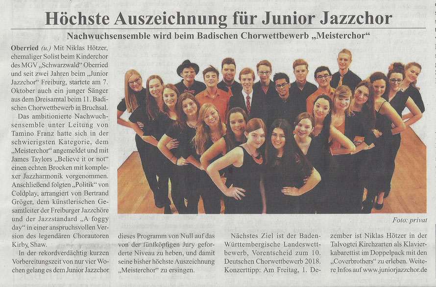 Niklas Hötzer, Junior Jazzchor Freiburg, Badischer Chorwettbewerb, Meisterchor, Dreisamtäler