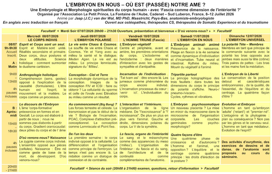 Planning détaillé Séminaire Jaap van der Wal - Fontaine de l'Aube - Le Petit Prince - Juillet 2026