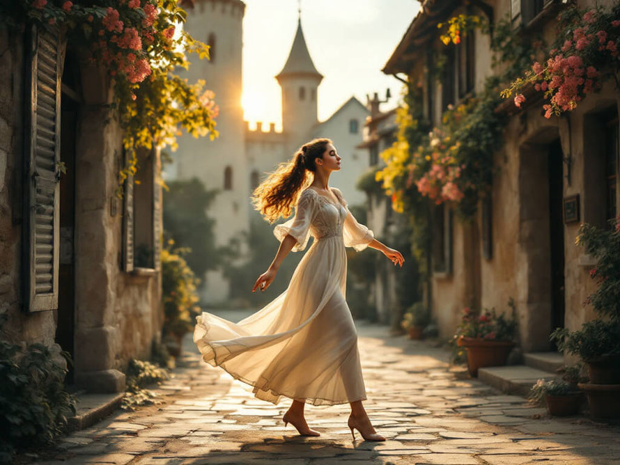 femme qui marche avec grâce dans une rue pavée au pied d'un château