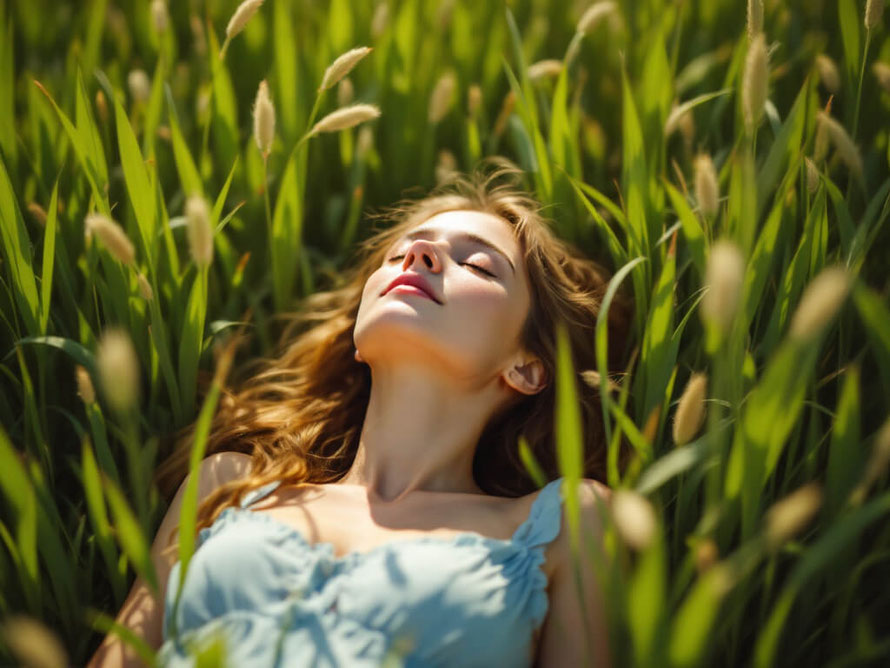 femme allongée dans l'herbe qui prend un bain de soleil