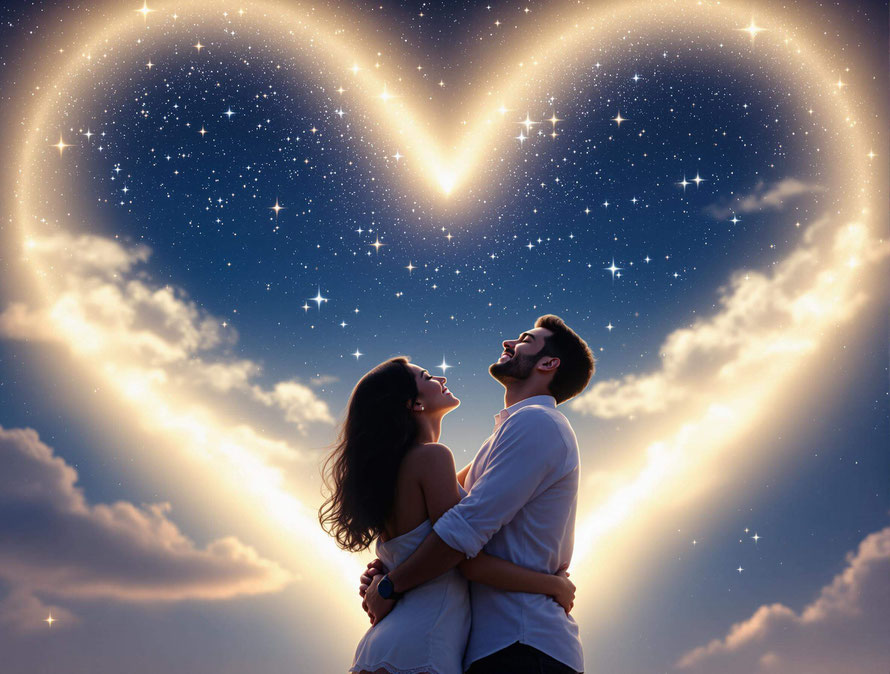 couple enlacée sous le regard bienveillant des étoiles en forme de coeur