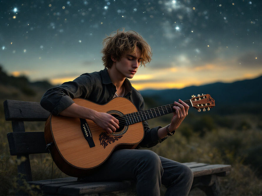 homme qui joue à la guitare assis sur un banc avec un soleil couchant et des étoiles qui apparaissent