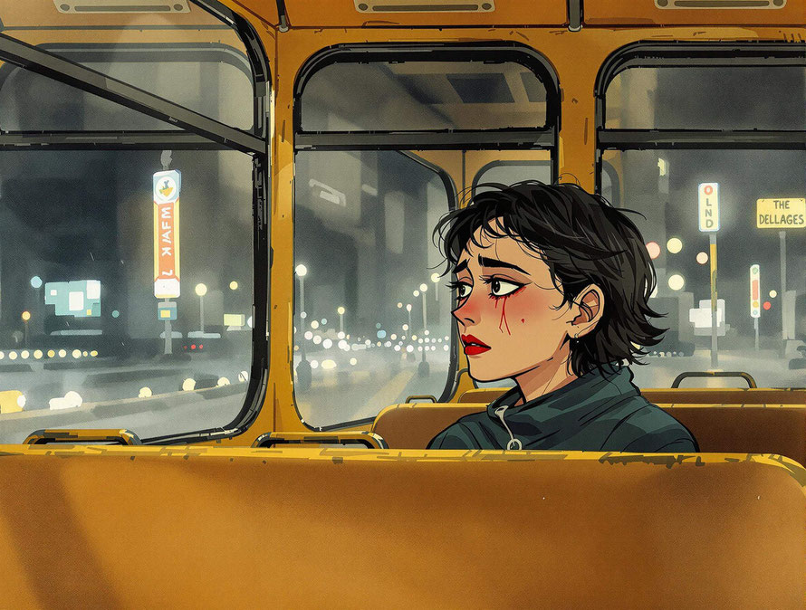 femme qui pleure avec des larmes rouges dans un bus jaune qui roule la nuit