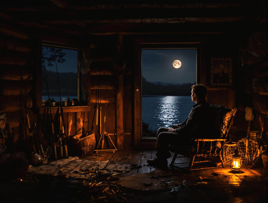 homme assis une rocking chair dans une cabane de pêcheur au bord d'un lac