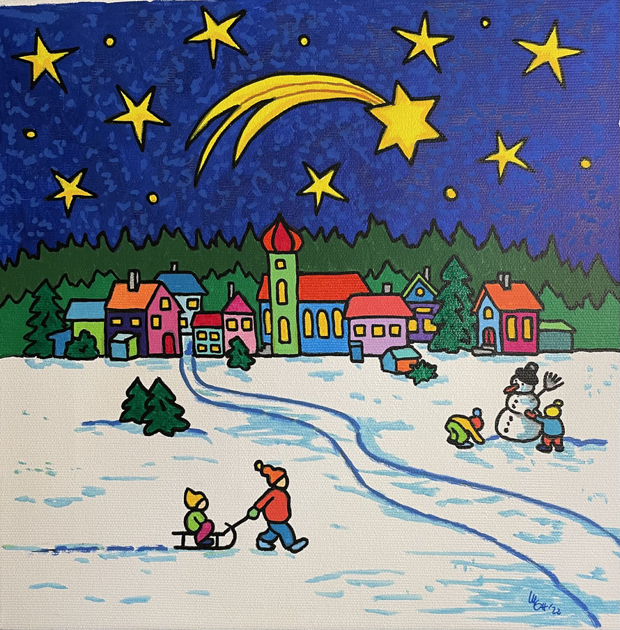 "winter-wonderland - mit schlitten" acryl/stifte auf leinwand (2022) 30x30 cm