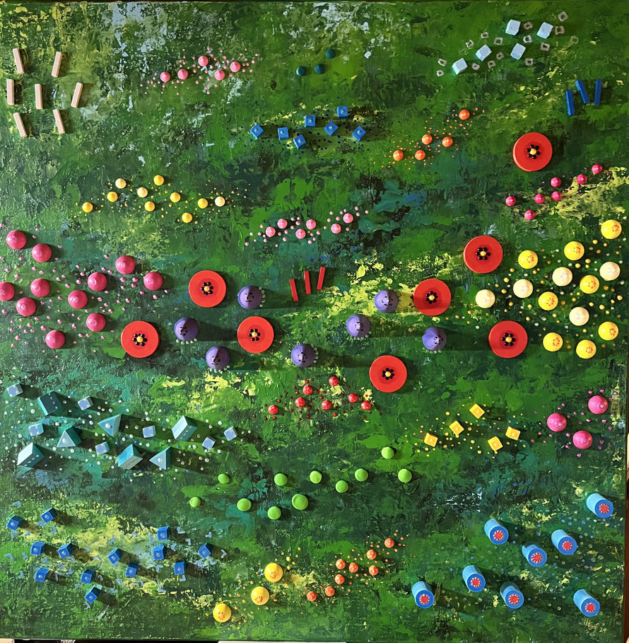 "präri.flöri" - acryl/holz komposition auf holz (2024) 70x70cm